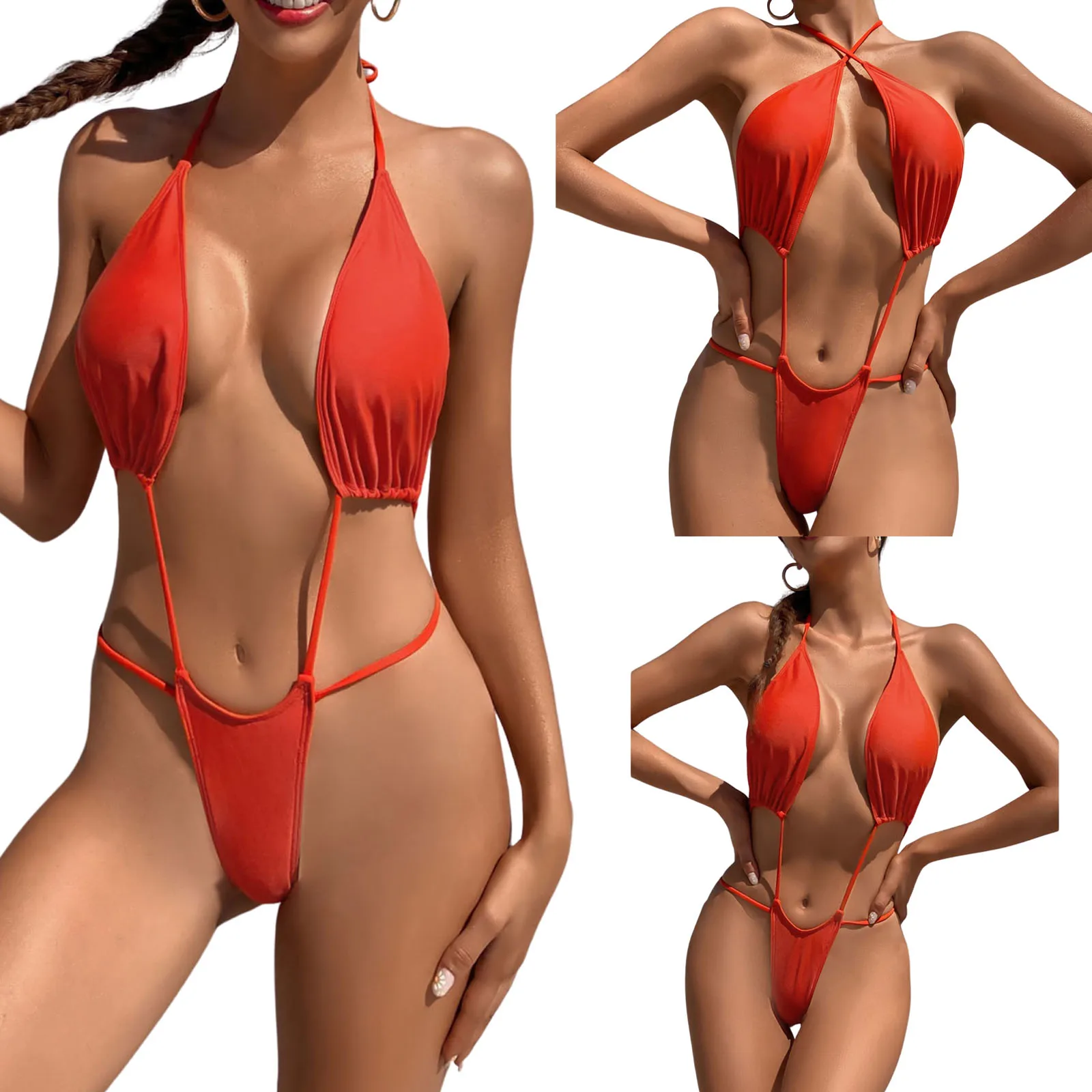 

Womens Sexy One-piece Bikini Fashion Solid Color Cross Bandage Backless Tight Swimsuit