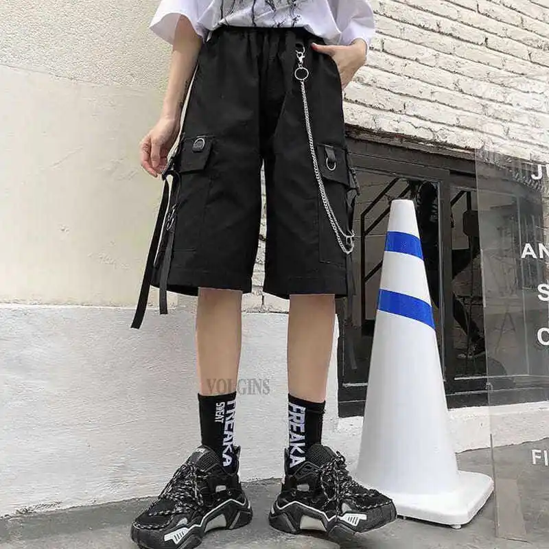 

Streetwear Womens Shorts Ribbons High Waist Short Harajuku 2021 Summer Black Wide Leg Cargo Women's Shorts Female Solid Trousers