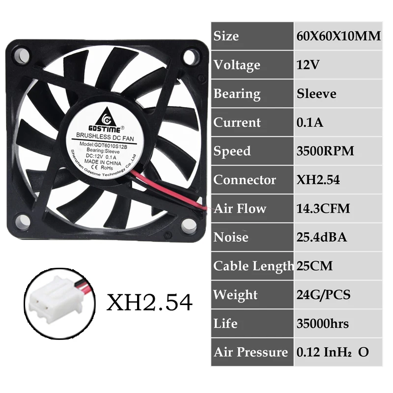 0.1A6010S12V2P2.54 2 шт. Gdstime 2Pin DC 5 в 12 В 24 в 24 вольт 6 см 60x60x10 мм 60 мм двойной шариковый подшипник Бесщеточный вентилятор охлаждения 60 мм x 10 мм кулер - Цвет лезвия: 0.1A6010S12V2P2.54