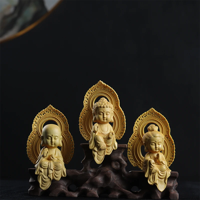 

Boxwood 10cm Three Buddha Cartoon Sculpture Chinese Mythology Figure Guanyin Wood Carving Status Sakyamuni Ksitigarbha Decor