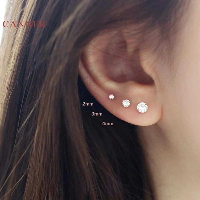 

CANNER Light Luxury Fashion Wild 2-4mm Round Ball Stud Earrings 100% 925 Sterling Silver Zircon Earrings For Women Gold Jewelry