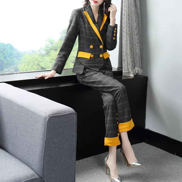Vogue of new of autumn winters commuter plaid suit color matching collar suit collect waist feet nine minutes of pants