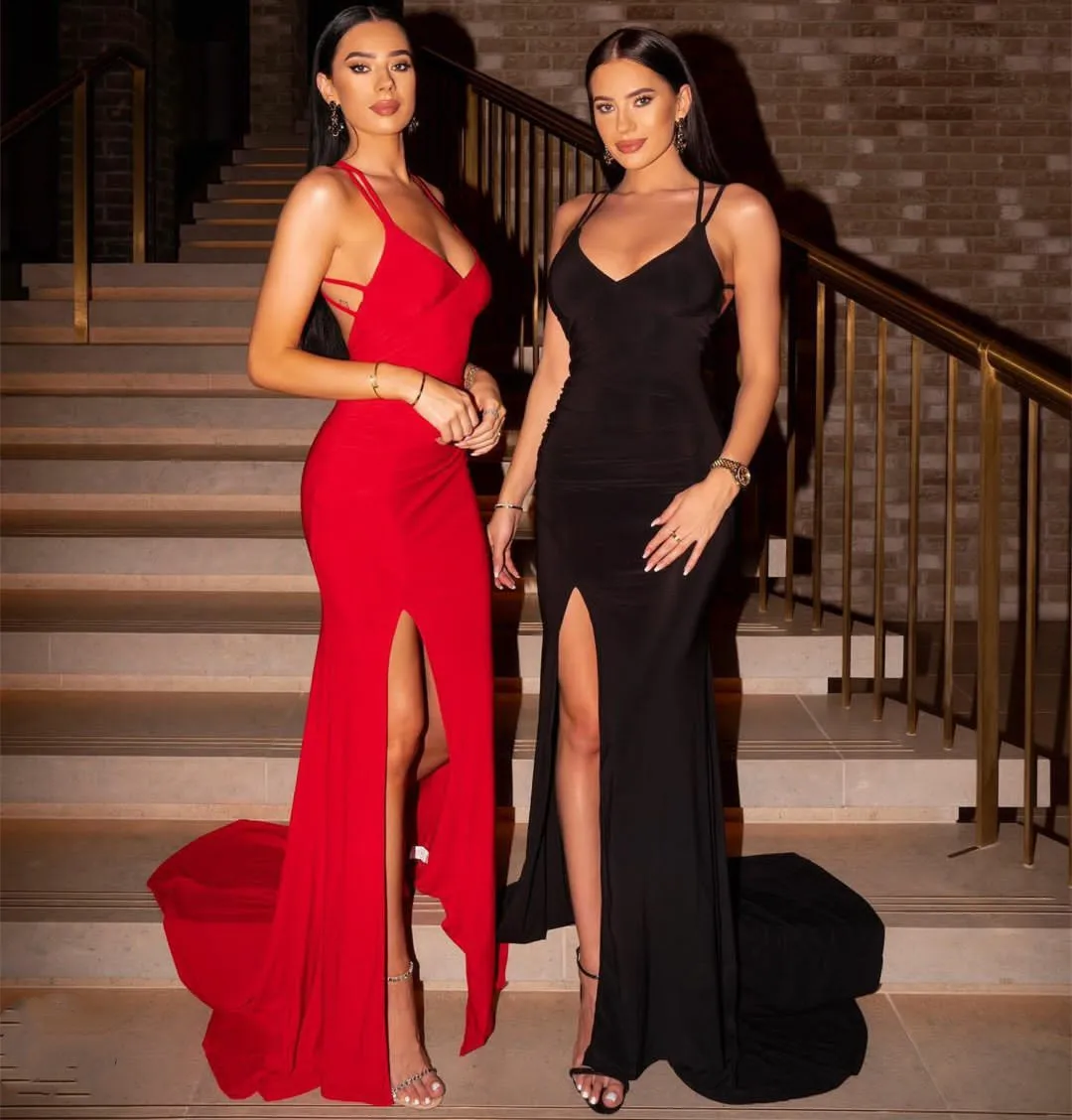 

Длинные черные вечерние платья с V-образным вырезом, на бретельках, с высоким разрезом, облегающее платье в пол, с перекрестной спинкой, для в...