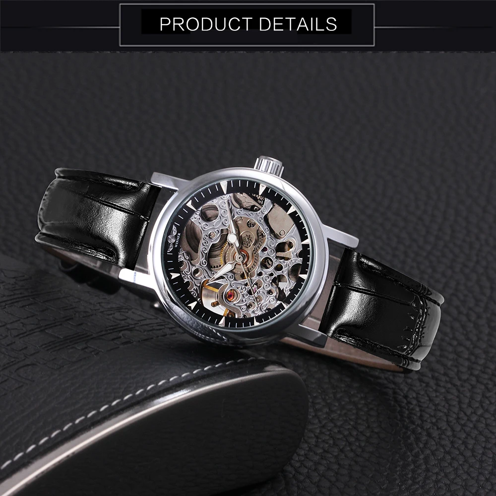 Часы наручные WINNER женские механические люксовые брендовые с кожаным ремешком