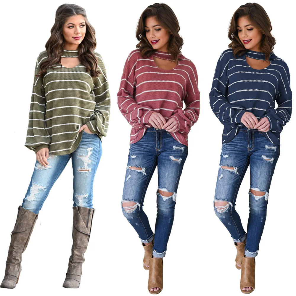 

Casual Thick Autumn Winter O-Neck Striped Oversize Pullover Women Warm Chic Female Loose Basic Sweaters