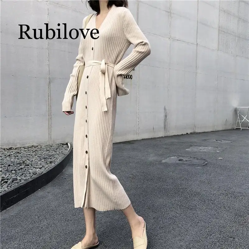 

Autumn and winter dress French niche retro single-breasted temperament sweet knitted long-sleeved dress with slim skirt