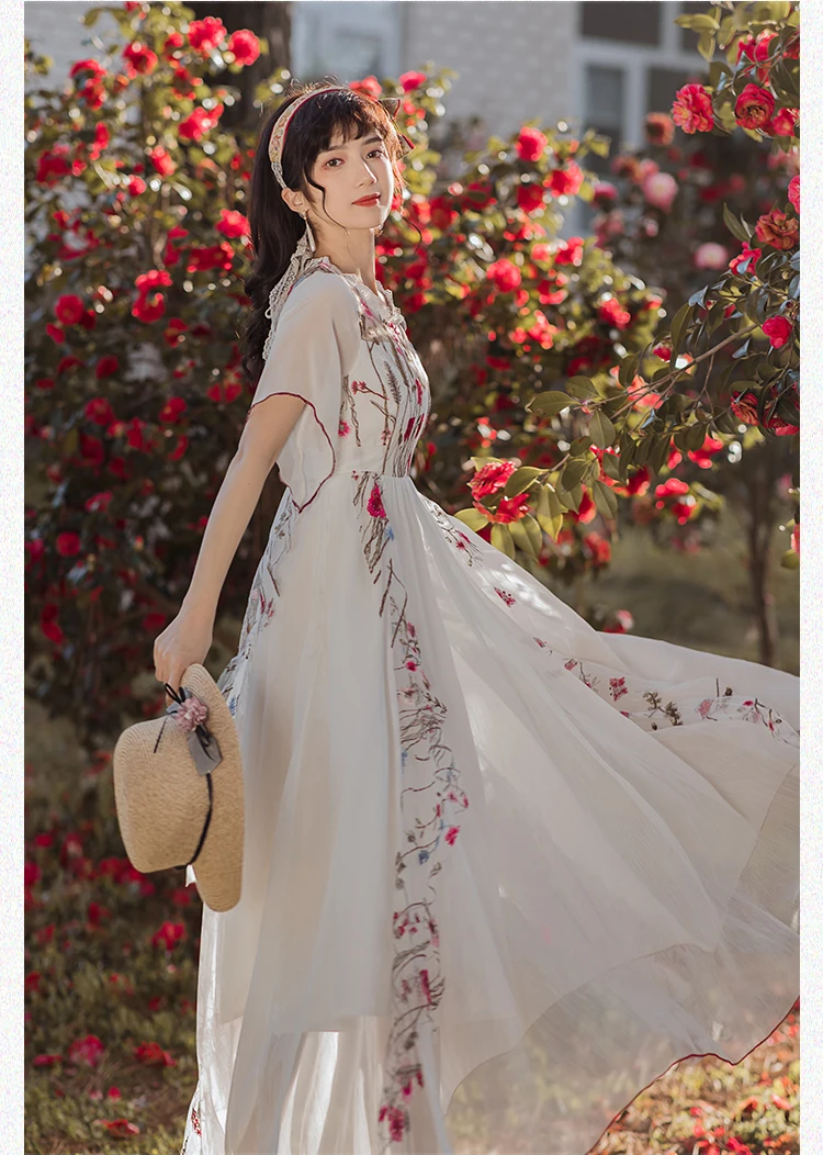 

Summer Women Vacation Bohemian Beach Dress Embroidery Beach Vacation Embroidered Long Dress