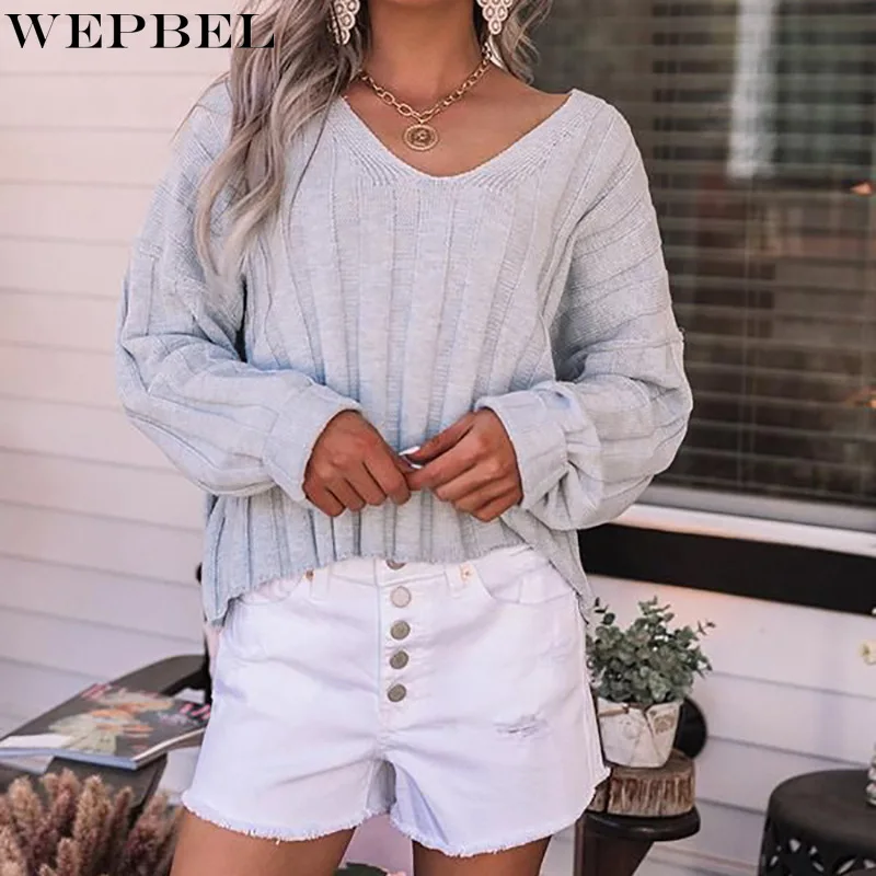 

WEPBEL Fashion Loose Sweater Autumn V-neck Off-Shoulder Sweater Women's Casual Solid Color Long Sleeve Pullover Sweater