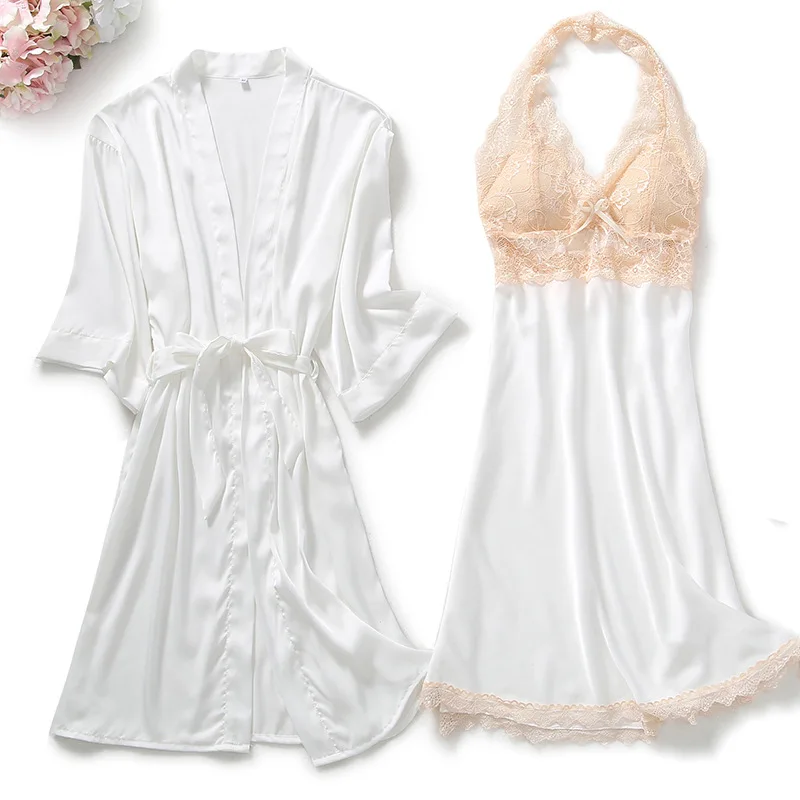 

2PCS V-Neck Lace Nightgown Bathrobe Sets Womens Satin Nighty Robe Gown Summer Home Wear Lounge Intimate Lingerie Sleepwear