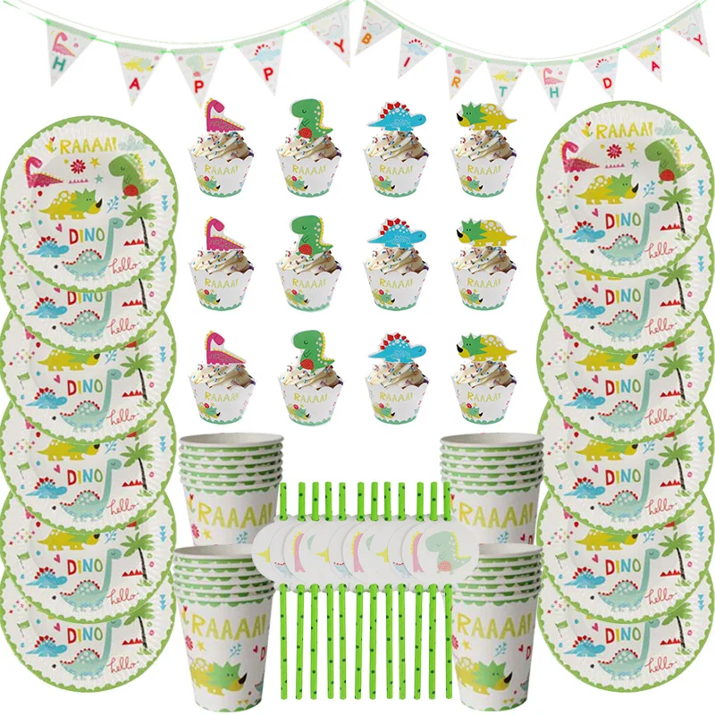 

61pcs Dinosaur Party Supplies Dinosaur Disposable Plate Cup Straws Balloons Paper Garland for Kids Boy Birthday Party Decoration