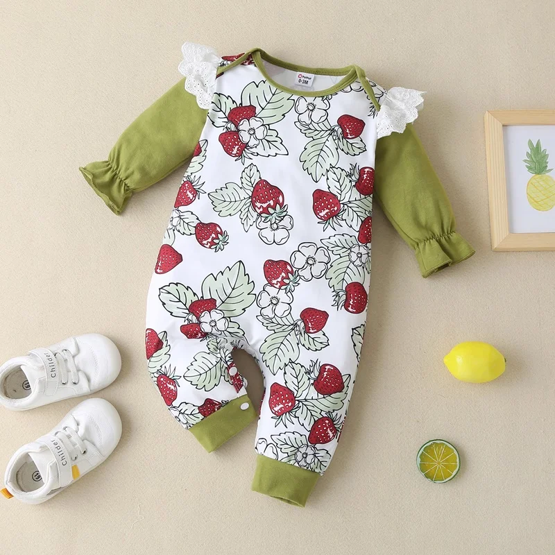 

New Fashion Spring Fall Baby Girl Romper Strawberry Print Lace Flying Long Sleeve Baby Jumpsuit Birthday Baby Girl Clothes 0-12M