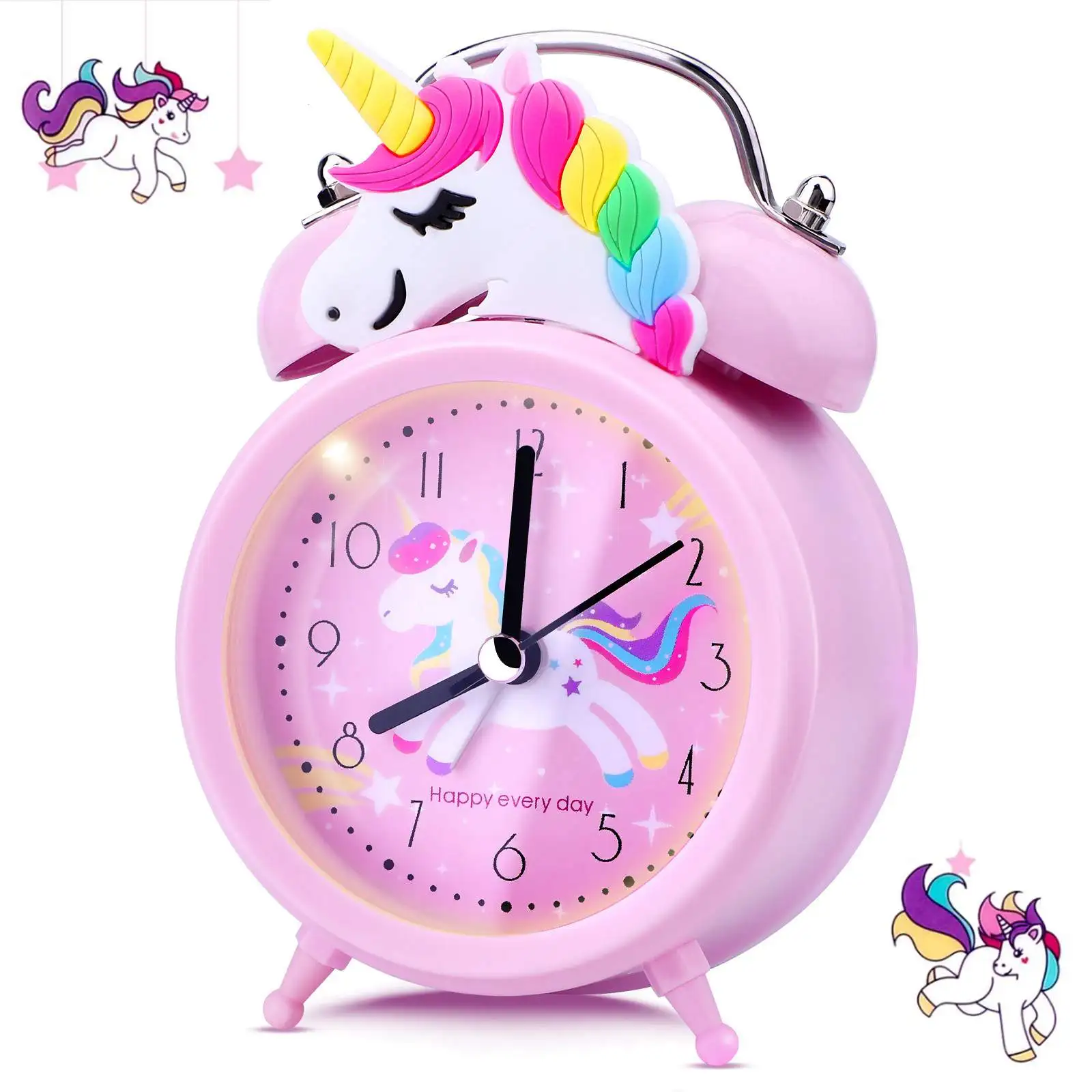 Pink Unicorn Kids Alarm Clock Double Bell Clock with Backlight Cute Desk Clock Children Wake Up Alarm Clock Home Decor Kid Gifts