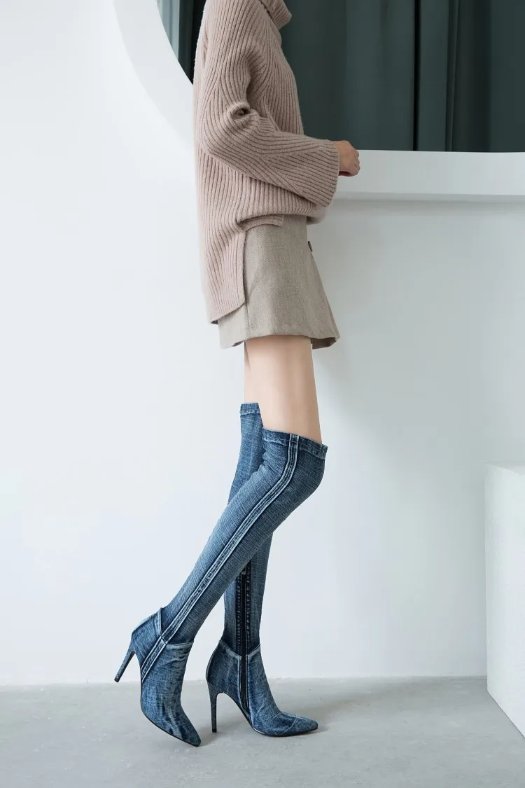 Womens Denim Jeans Over The Knee Thigh& Ankle Boots Stilettos High Heel Pointed Toe Side Zipper Shoes Punk Motorcycle New
