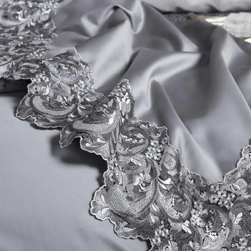 

1000TC Gray Coffee Egyptian Cotton Lace Bedding Set Queen king size Fitted sheet Bed sheet Bed Set Duvet Cover parure de lit