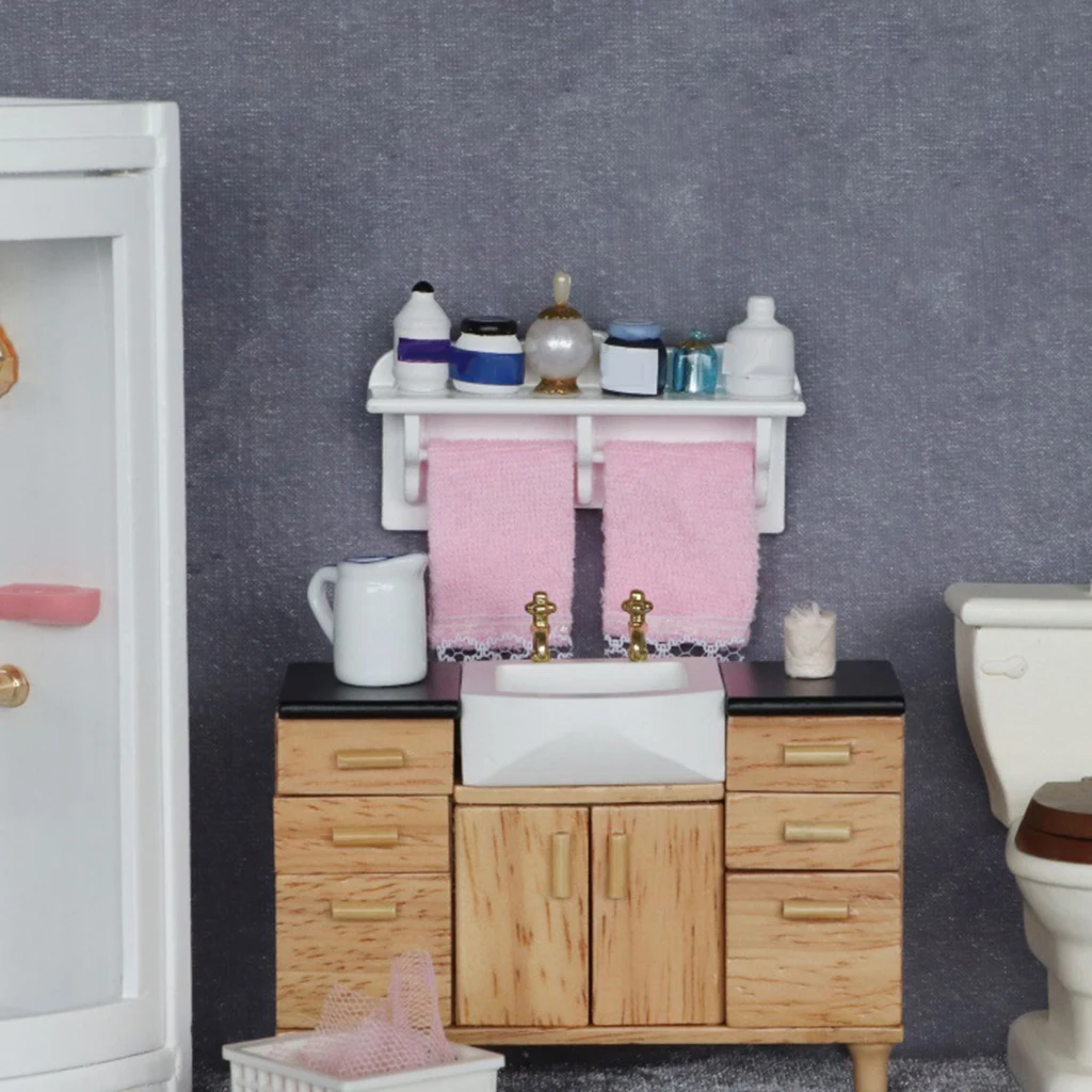 

1/12 Dollhouse Mini Wood Modern Bathroom Shelf Rack Bathroom Life Scene DIY