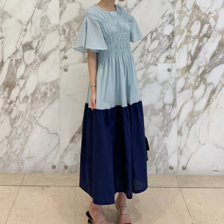 

Korean Chic French Minority Spring/Summer Ruffle Design Loose Slimming Long Contrast Color Flying Sleeves Dress for Women