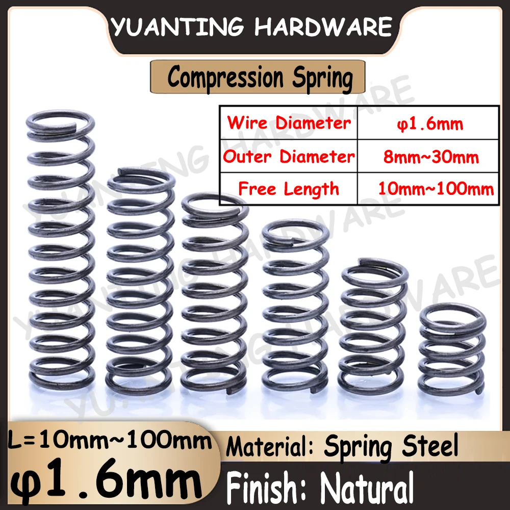 

5Pcs/10Pcs Spring Steel Natural Color Compression Spring Wire Diameter 1.6mm OD 8mm~30mm Free Length 10mm~100mm