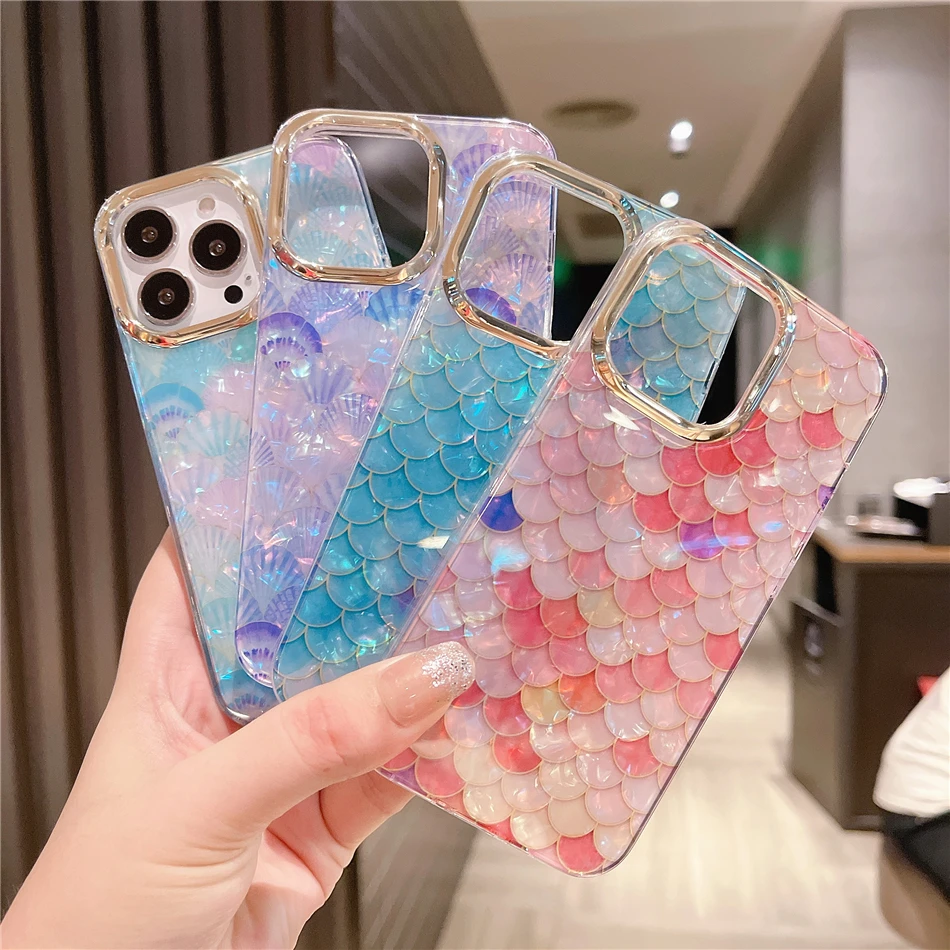 Cute Colorful Mermaid Scales Rainbow Shell Flower Phone Case for iPhone 11 12 13 Pro XS Max XR X 6s 7 8 Plus SE 22 Silicon Cover