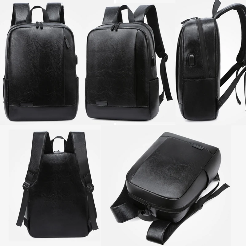 

Laamei Men's Backpack PU Leather Waterproof USB Charging Lightness Black Back Bags Laptop Travel School Outdoor Bagpacks Man