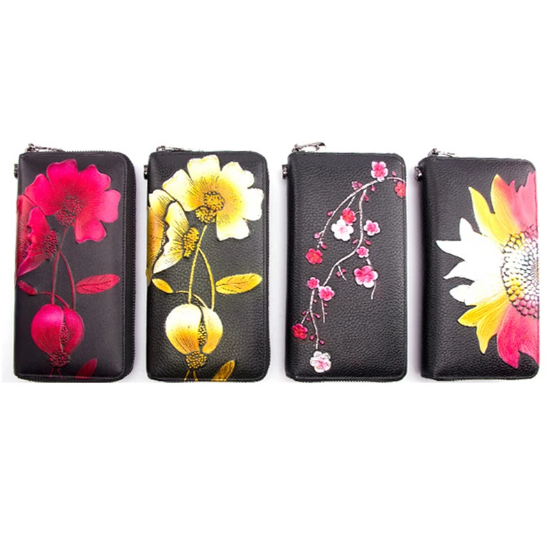 Винтажный женский кошелек из натуральной кожи с тиснением лотоса/оленя/павлина