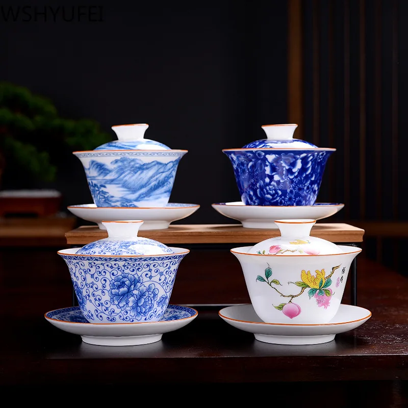 

Цзиндэчжэнь фарфор ручной работы Gaiwan Изысканная керамическая чайная чаша с блюдцем комплект крышек мастер чай тюрен чайная посуда для напи...