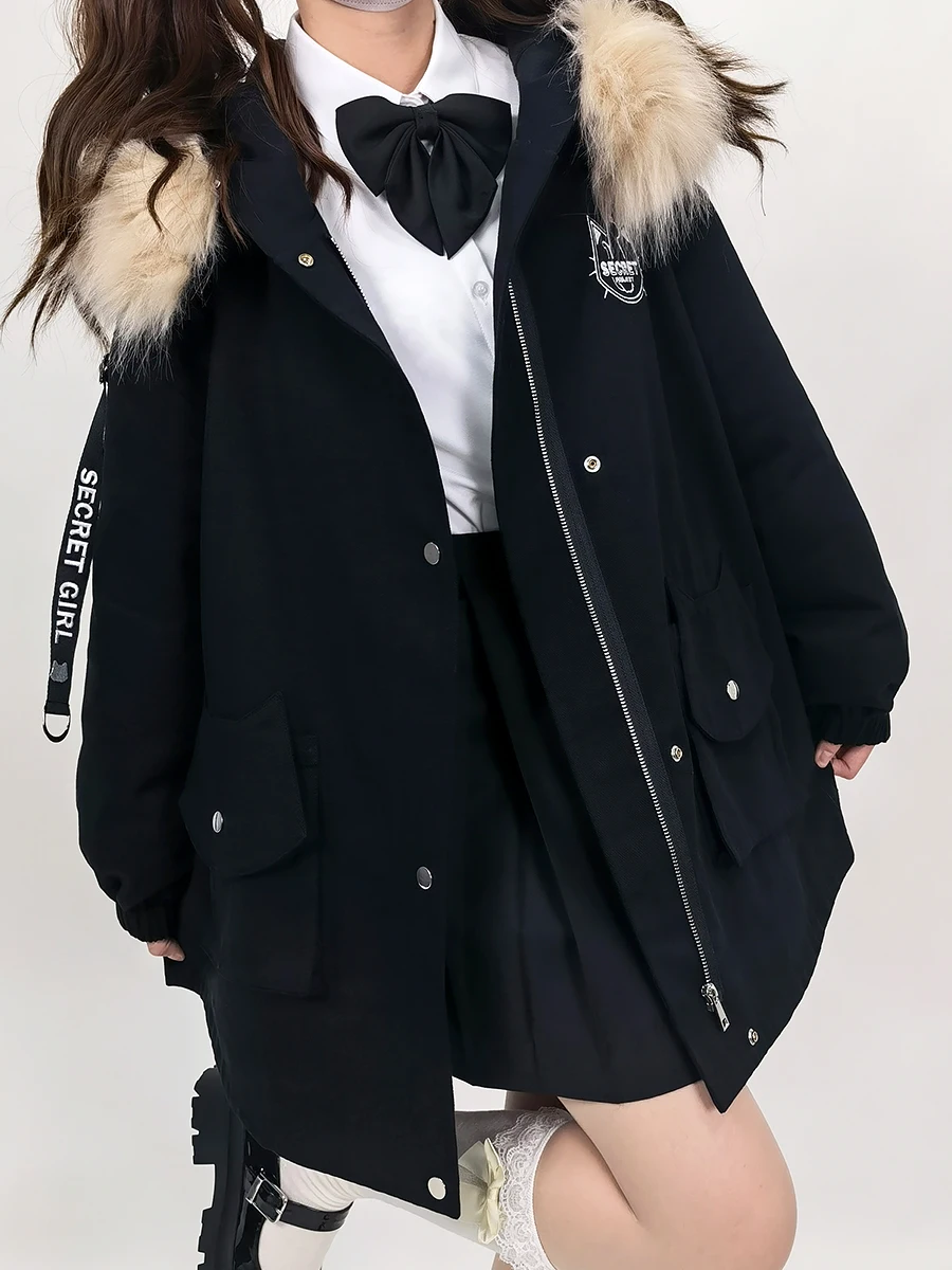 

Осенне-зимняя куртка средней длины, плотное пальто, женская парка с капюшоном, теплая Женская милая хлопковая одежда с вышивкой в виде кошки...