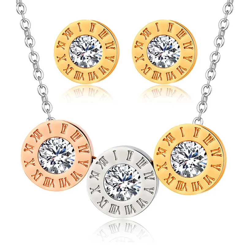 

Roman Numeral Necklace & Earrings for Women Cubic Zirconia Stainless Steel Round Crystal Earrings Jewelry Set Couple Lover Gift