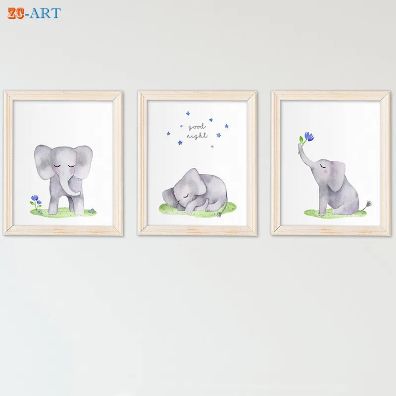 Синий серый плакаты слона Симпатичные акварель настенные картины арт Пол