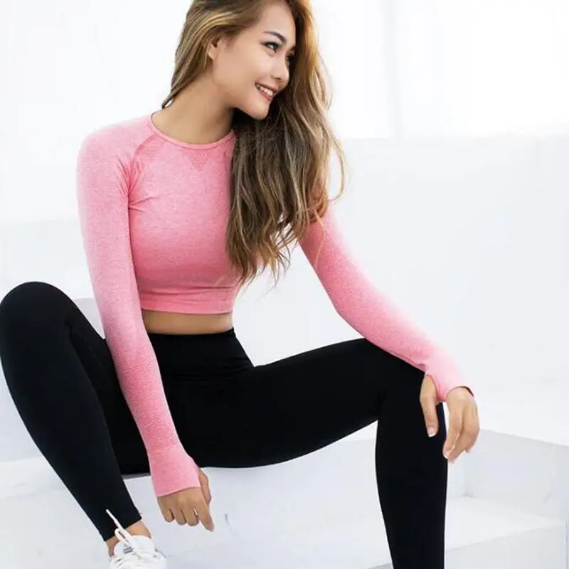 Женские Бесшовные рубашки для йоги Женская эластичная футболка с длинным