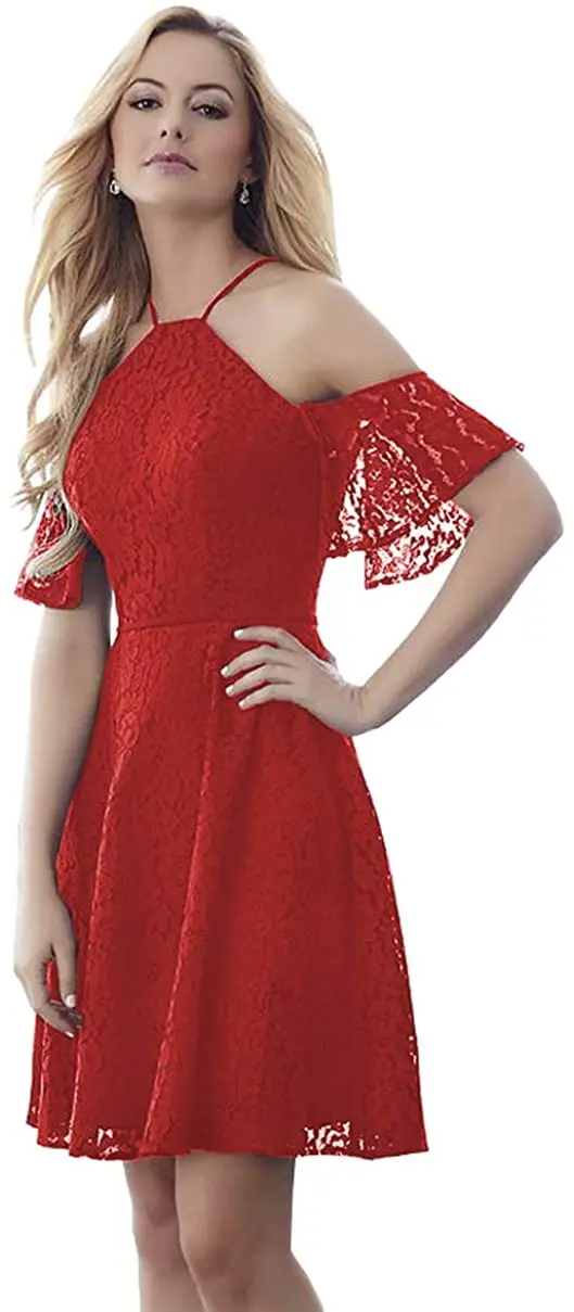 

Women's Halter A-line Lace Formal Evening Party Gown Short Homecoming Dress with Ruffle Sleeves Prom Dresses with Sparkles