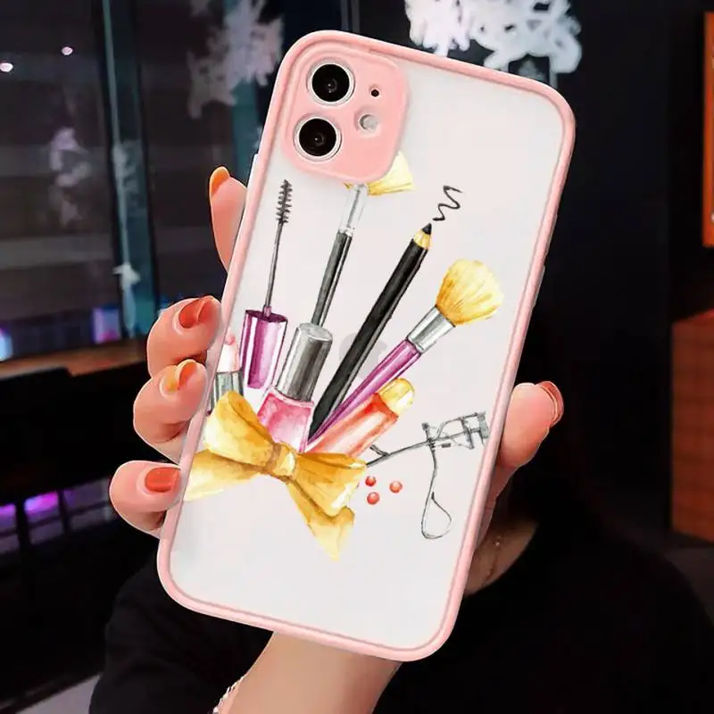 

Cosmetics Makeup Lipstick Nail Polis Phone Case Matte transparent For Pink iPhone 12 Mini 11 Pro XR XS Max 7 8 Plus X Back Cover