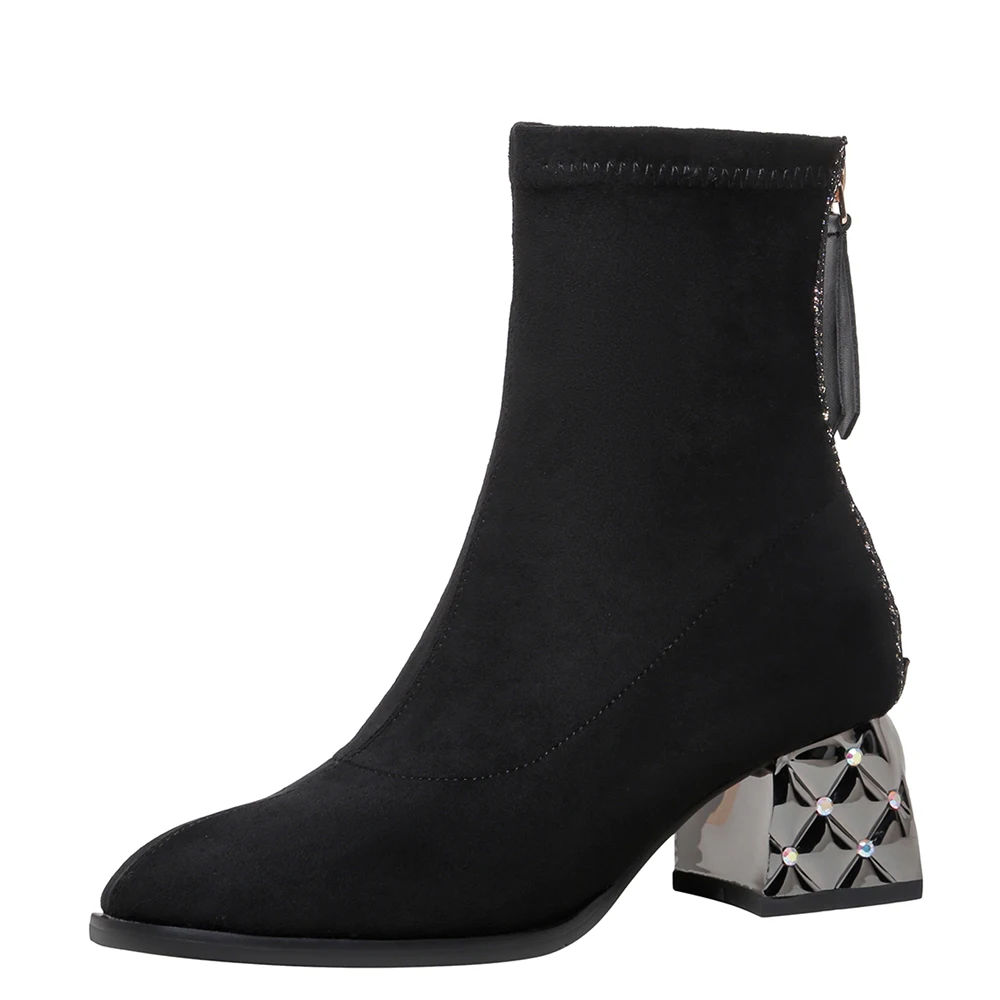 Bottines à bout rond confortables à la mode, talons épais en métal, chaussures extensibles décoratives, bottes courtes à paillettes avec fermeture éclair  (0)