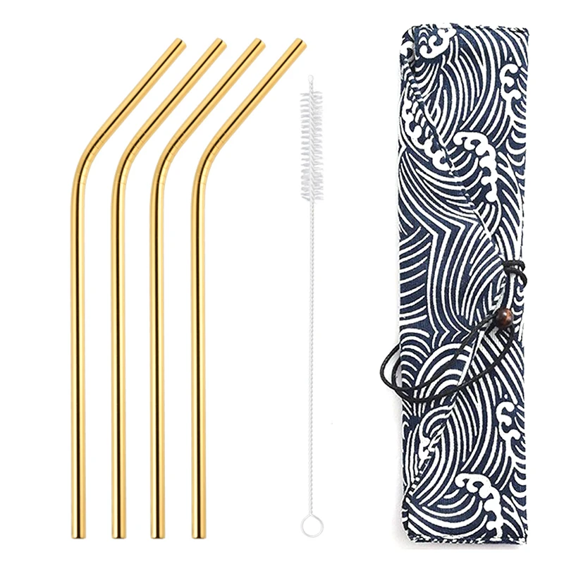 4pcs Gold 4/8 шт. Многоразовые Высокое качество питьевой соломы 304 Нержавеющая сталь металлическая соломинка с чистящая щетка и Сумка Бар вечерние аксессуар - Цвет: 4pcs Gold