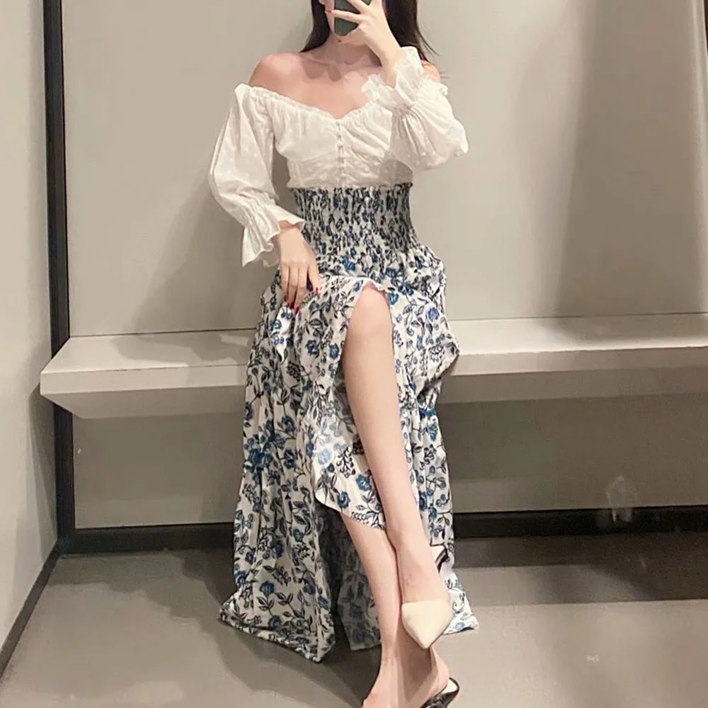 

DiYiG WOMAN 2021 summer women's wear new versatile youth sweet high waist blue printed mid-length skirt