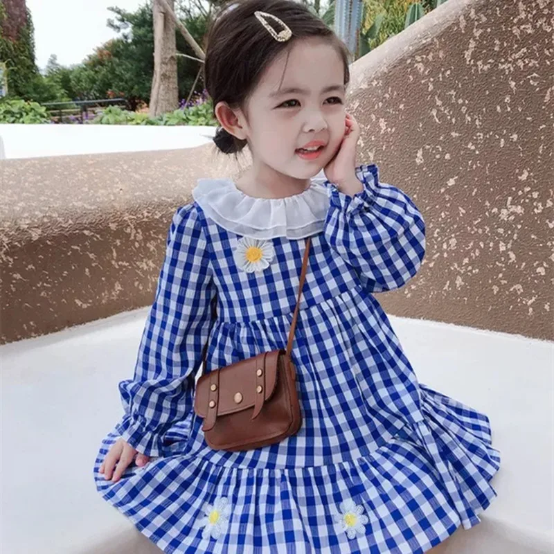

DFXD Toddler Girls Long Sleeve Plaid Dress 2020 Autumn Lace Double-layered Collar Flower Princess Dress 2-7Yrs Children Clothes