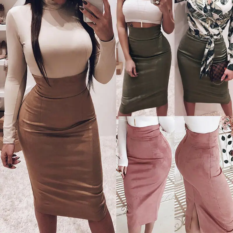 

Sexy Multi Color Suede Midi Pencil Skirt Women 2020 Elastic Female Autumn Winter High Waist Office Lady Bodycon Skirts Saias