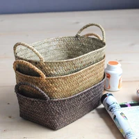 handmade diy straw flower pot basket fruit sundries organizer foldable laundry straw patchwork wicker rattan seagrass belly