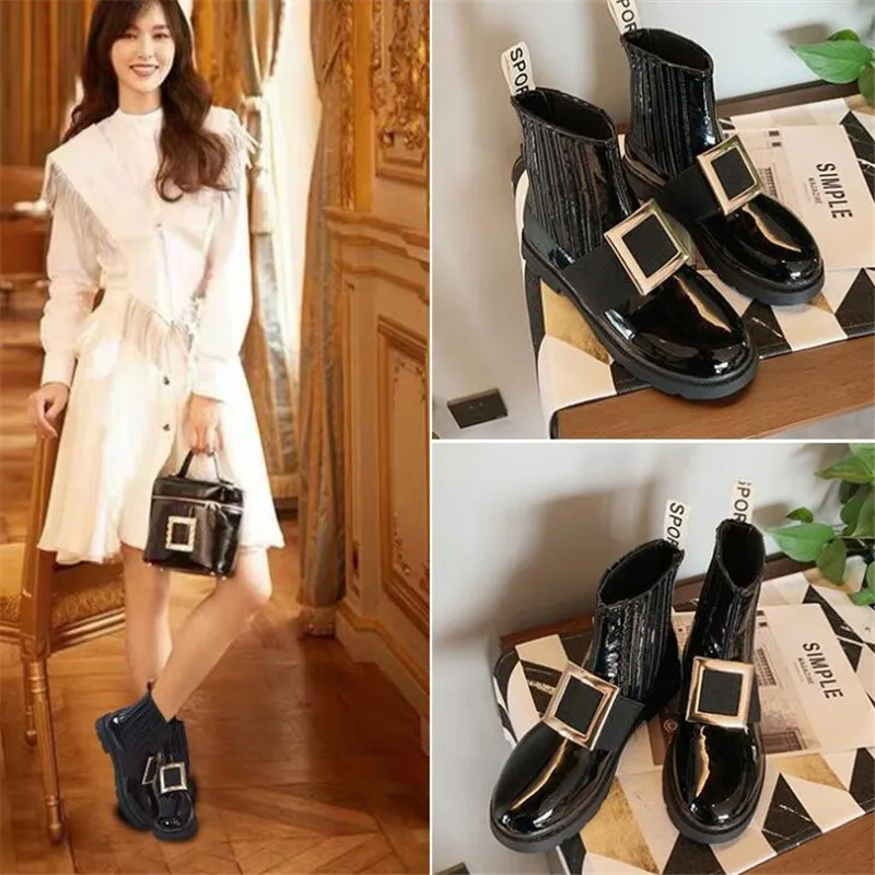 

New women's single shoes fashion leather round head square buckle thick bottom non-slip comfortable casual shoes women