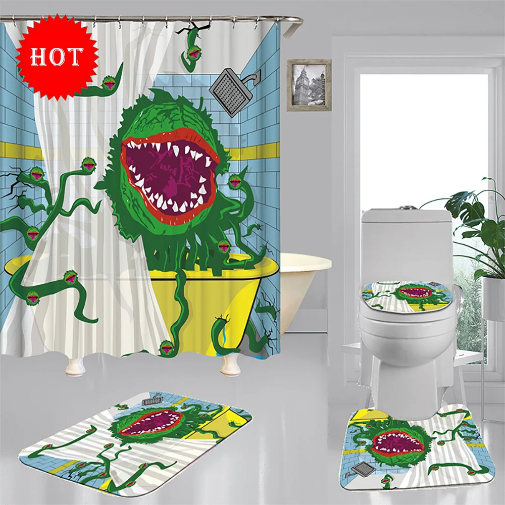 cartoon funny alien shower curtain set 4 piece carpet cover toilet cover bath mat pad 5 pattern waterproof bathroom decor 3 size free global shipping