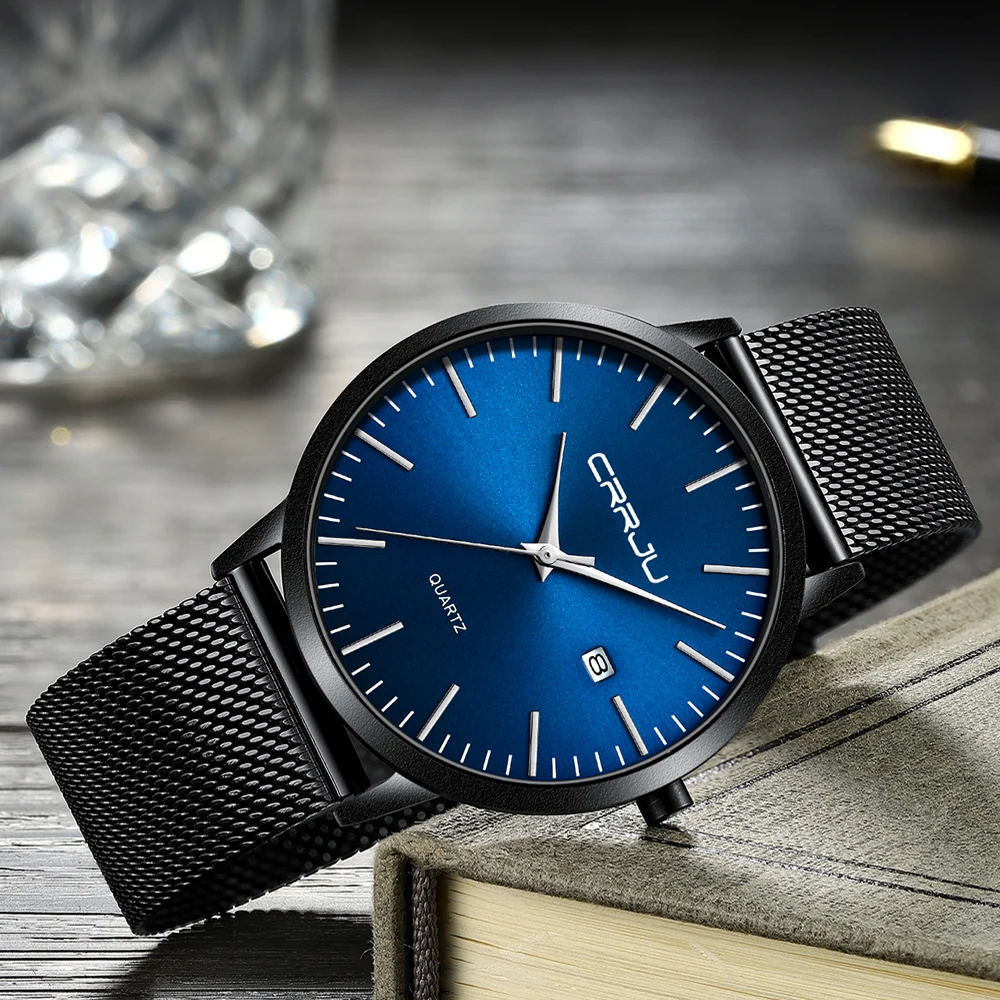 

CRRJU 2020 Men's Fashion Ultra Thin Watches Simple Men Business Stainless Steel Mesh Belt Quartz Watch Relogio Masculino