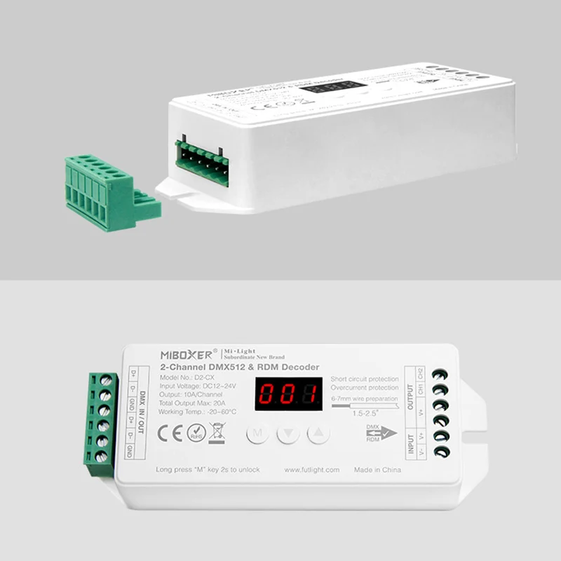 

Miboxer D2-CX 2-Channel Constant Voltage DMX512 & RDM Decoder DC12~24V 2CH 10A/Channel Max. 20A Digital Display controller