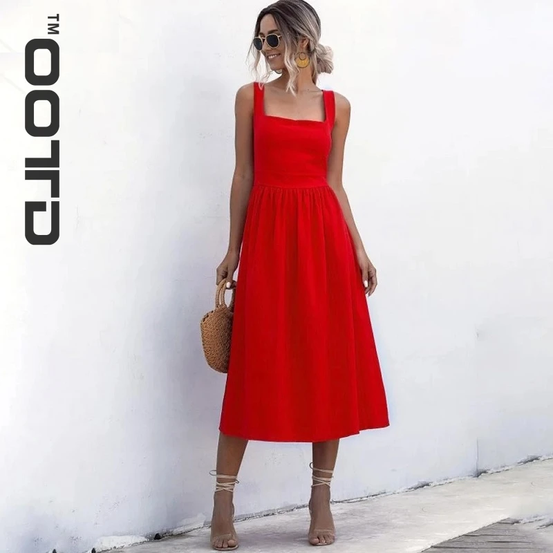 

OOTD Sexy Backless Women Long Dress Summer Casual White Black Ruched Slip Midi Sundresses 2021 Ladies Strap Clothes For Women