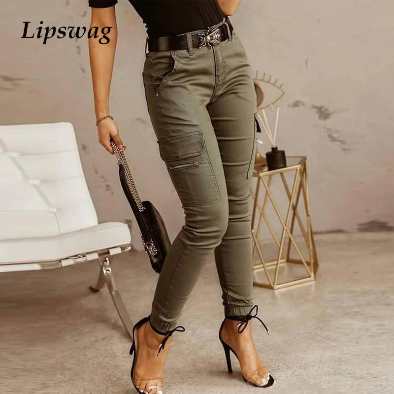 

Fashion Zipper Pocket Women Long Pants Overall Spring Autumn Casual Cargo Pants Lady Solid Button Trousers Sweatpant Streetwear