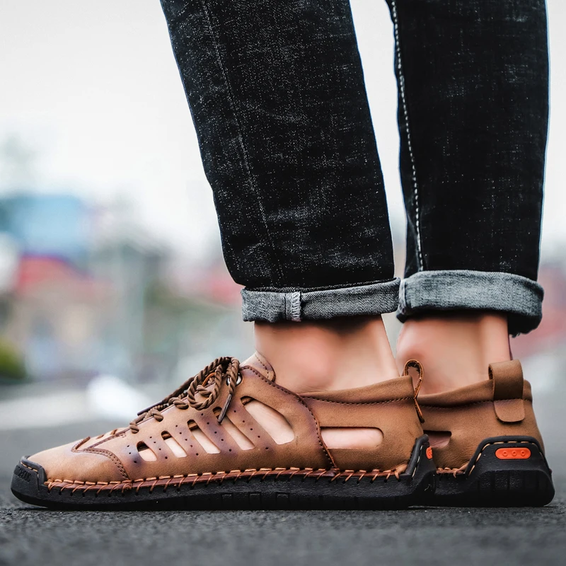 Big Size Men Leather Beach Sandals Outdoor 2022 Summer Handmade Shoes Breathable Casual Footwear Walking | Обувь