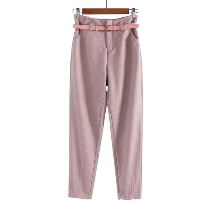 

Korean Winter Wool Pants Women Slim High Waist Harem Trousers with Belt Female Elegant Warm Women Long Pants Pantalones de mujer