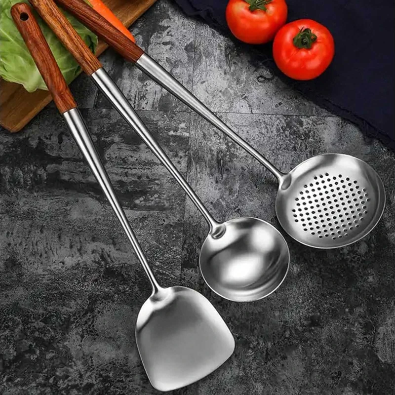 

3Pcs Durable Portable Stainless Steel Cooking Utensils Kitchen Cookware Wok Spatula Spoon Skimmer Ladle Set Dropship