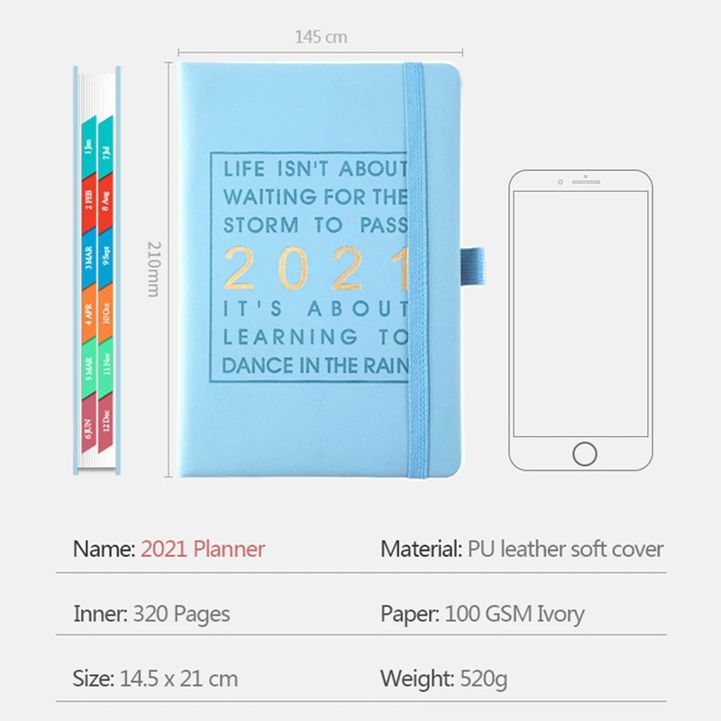 

A5 Fashion Agenda 2021 Jan-Dec Quick Index Diary English Language Thicken Notebook Leather Soft Cover Planner Efficiency Journal