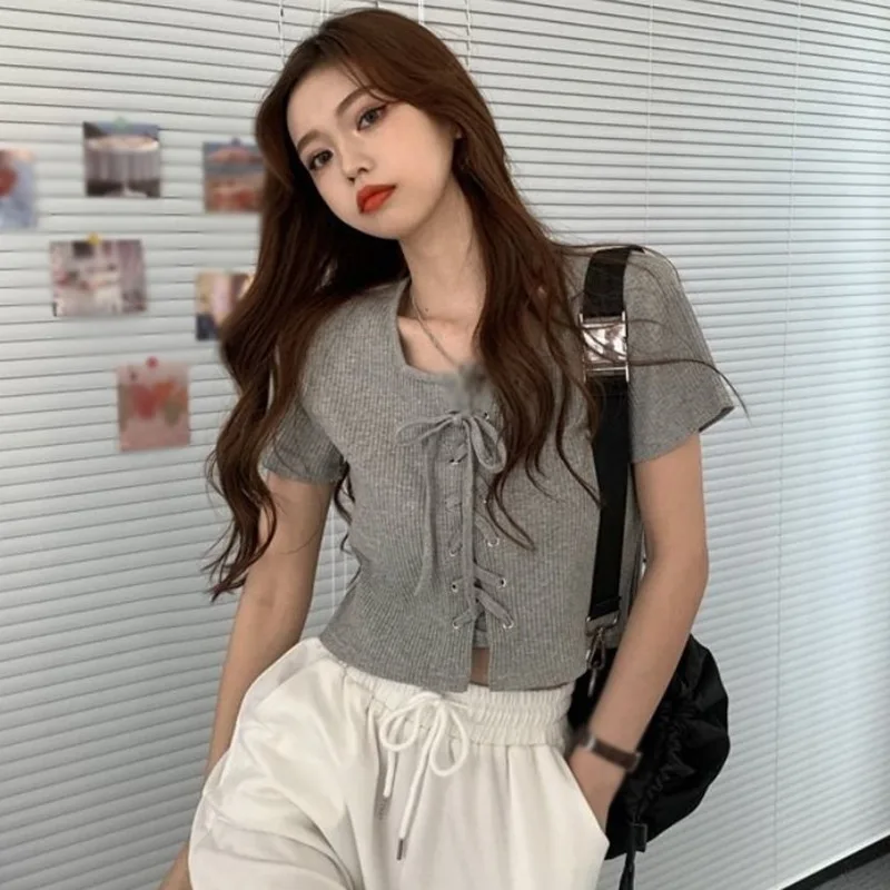 

Women Summer T-Shirts Square Collar Short Sleeve Short Knitted Tops Female 2021 Lace Up Casual T Shirts