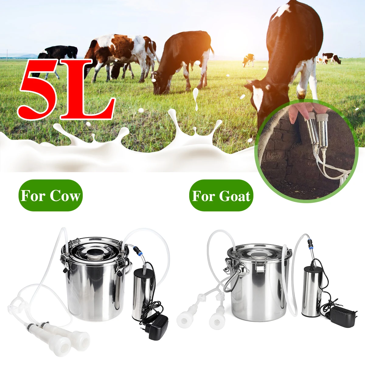 

5L Electric Milking Machine Stainless Steel Cow Goat Sheep Bucket Suction Milker Vacuum Pump Household Milking Machines