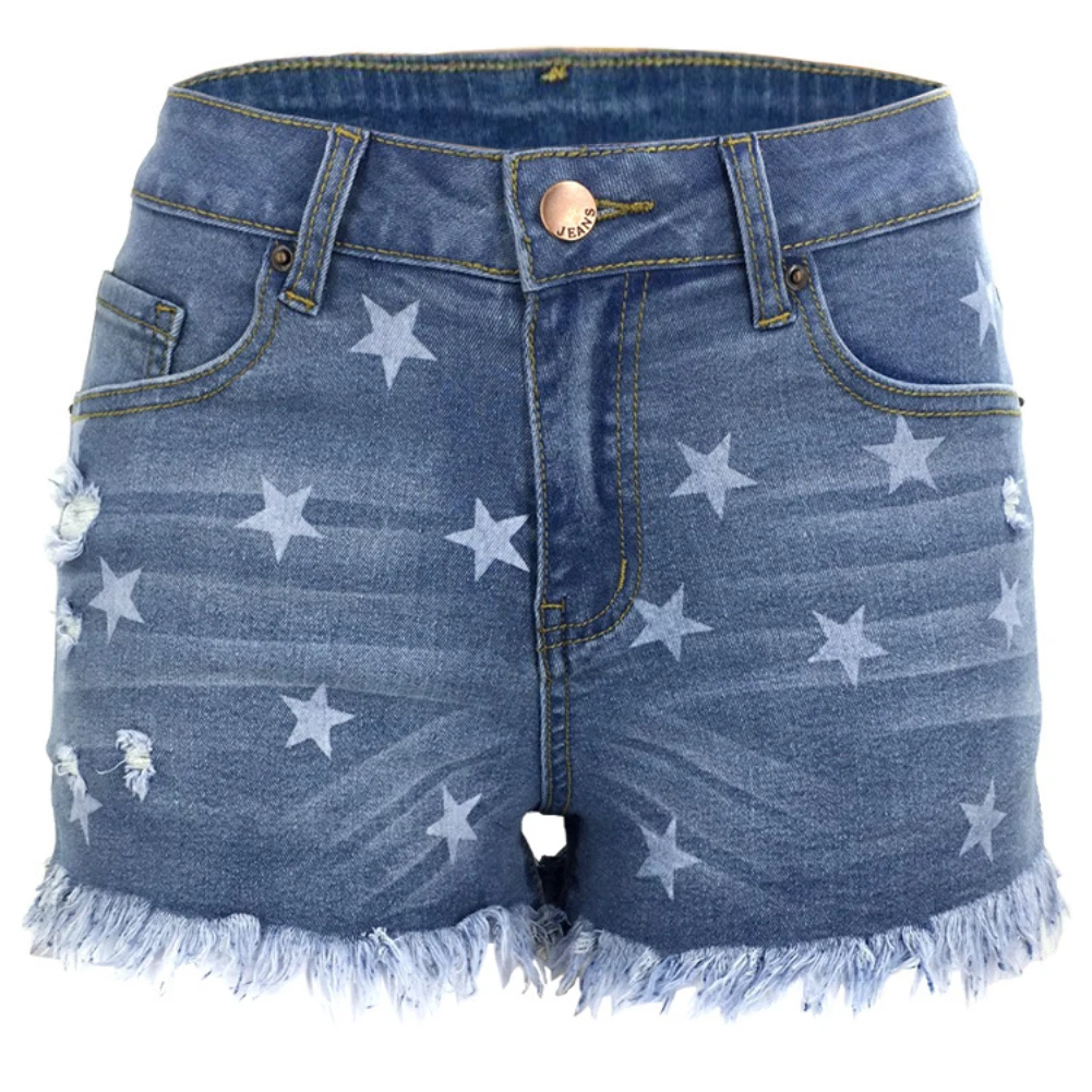 

Fashion Stars Printed Tassels Ripped Short Jeans Slims Fit Summer Women Hot Pants